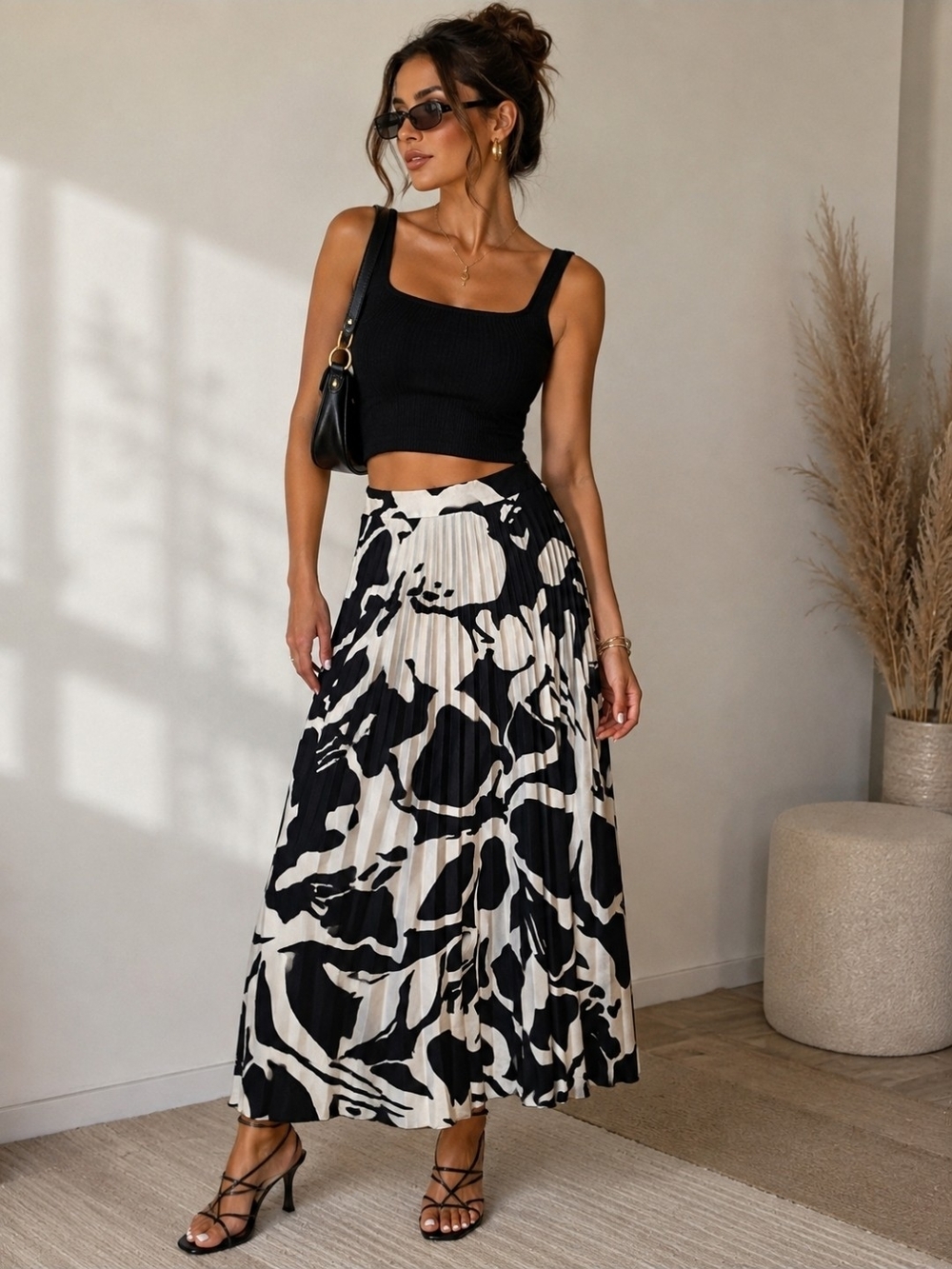 Zara Black & Cream Abstract Pleated Maxi Skirt